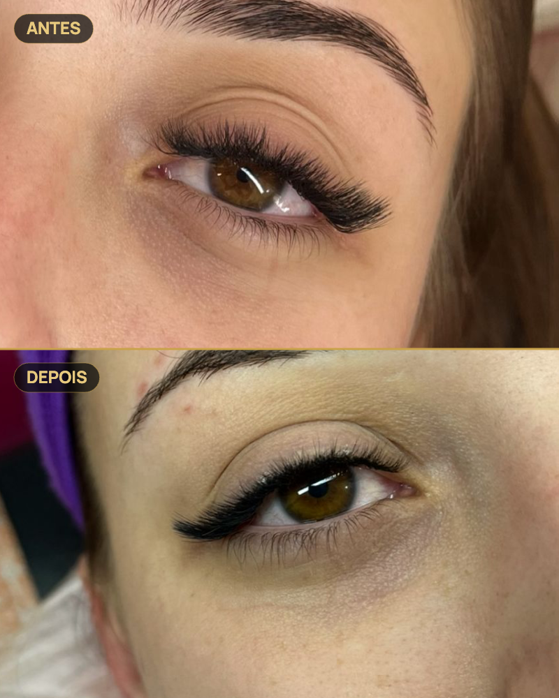 Antes e depois — aplicação de cílios de aluna do Elite Effects